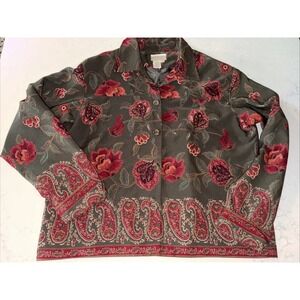 Coldwater Creek Olive Green Floral Paisley Button Front Jacket L V#B193